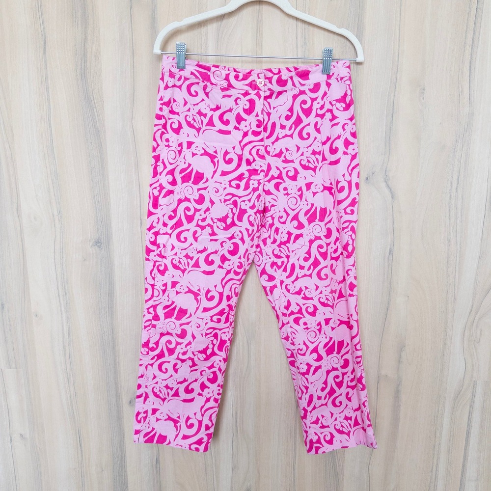 Lilly Pulitzer Cropped Pants 8P Pink Animal Print Stretch Capris Preppy Resort